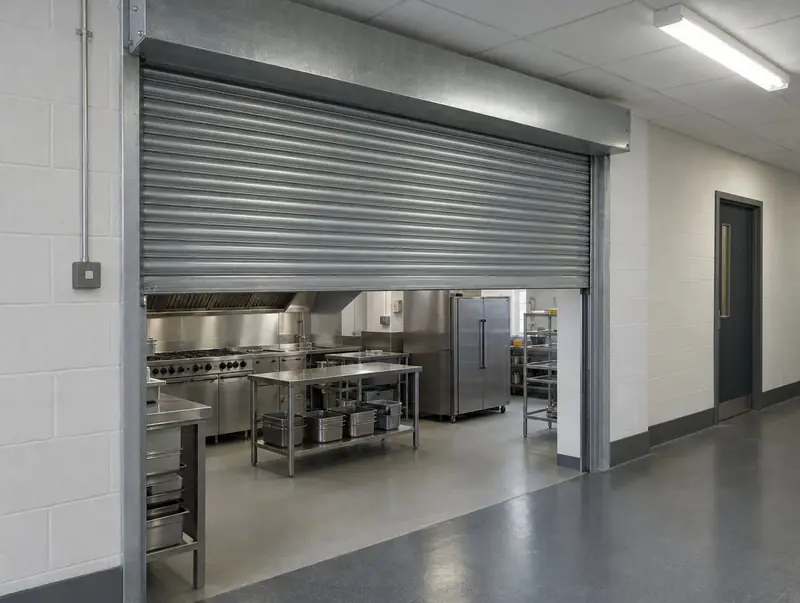 A galvanised fire shutter part-lowered between a commercial kitchen and a corridor