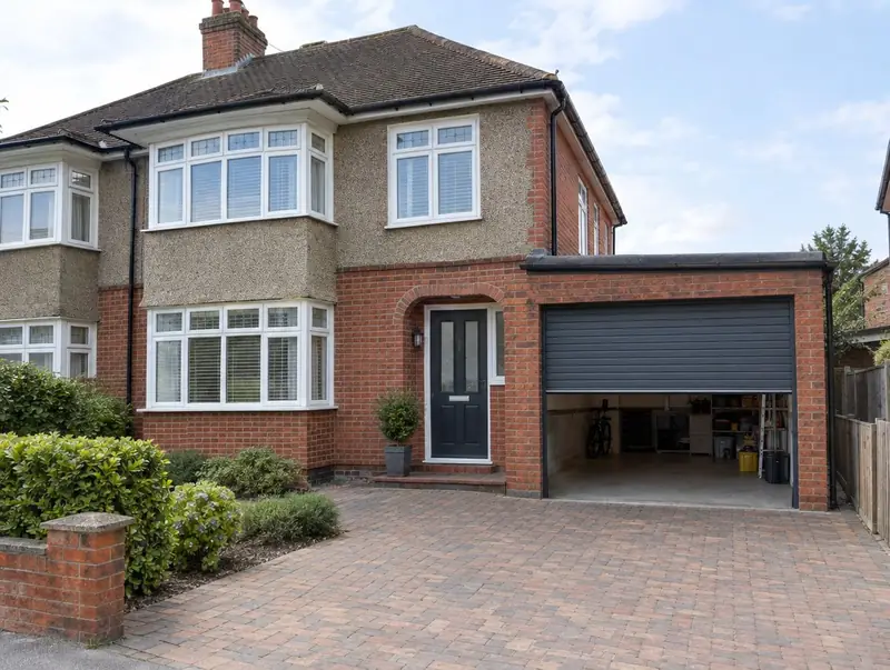 A semi-detached house with an insulated anthracite roller garage door part open