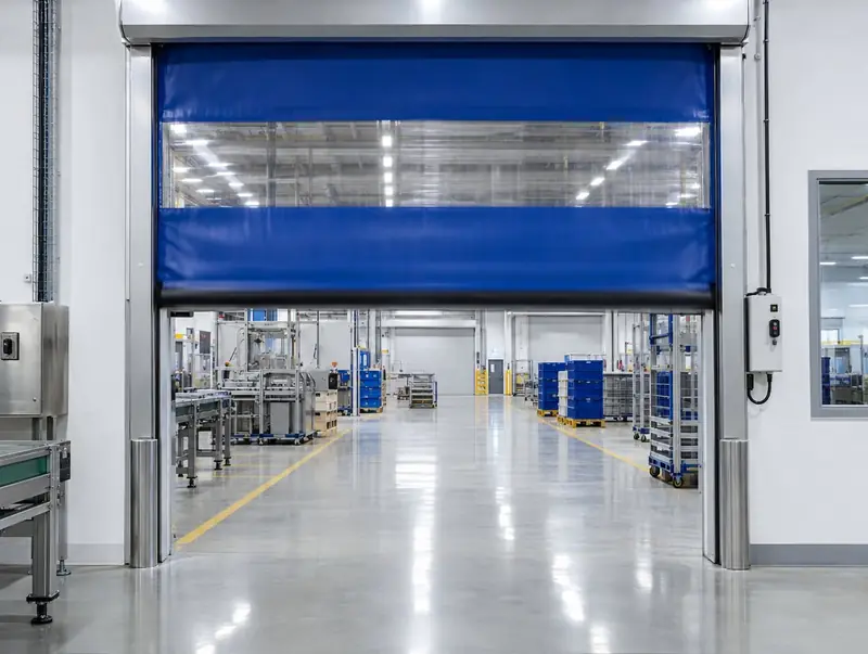 A blue fabric high-speed door opening in a factory