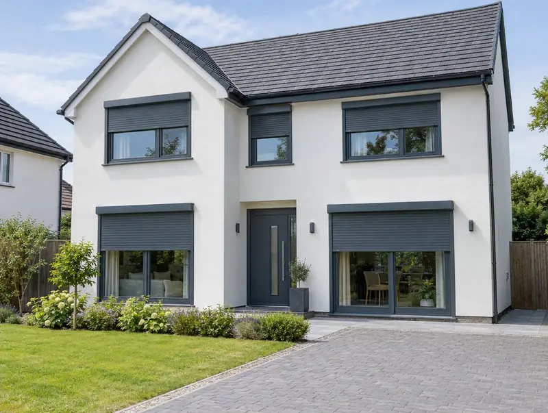 A modern rendered house with anthracite roller shutters on its windows and patio doors
