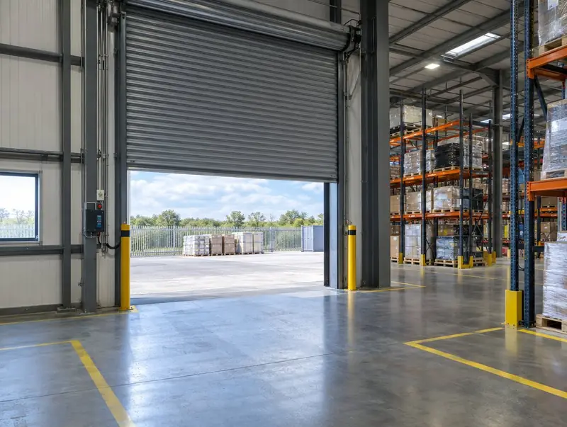 A steel industrial roller shutter door half open in a warehouse loading bay