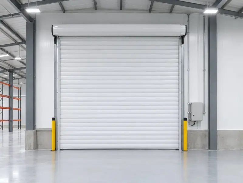 A white insulated roller shutter door inside a clean logistics unit