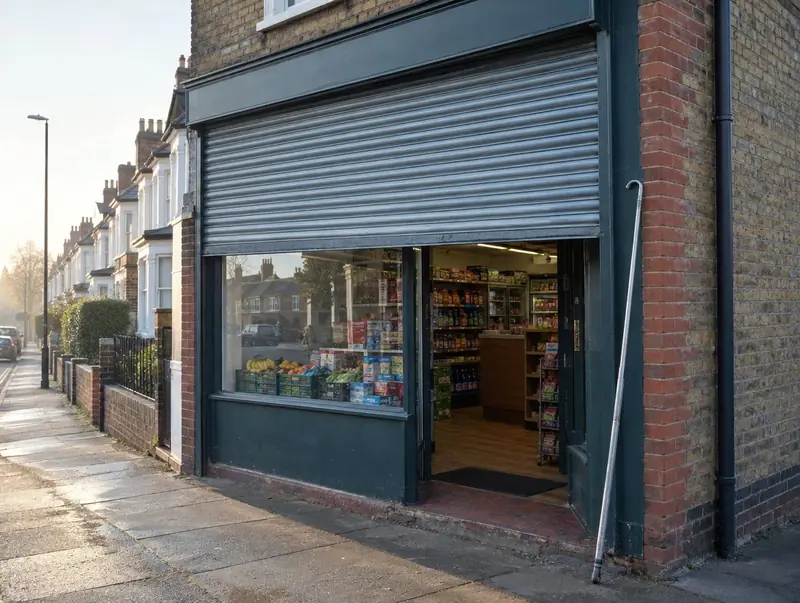 A corner shop with a manual push-up roller shutter half raised and a shutter pole