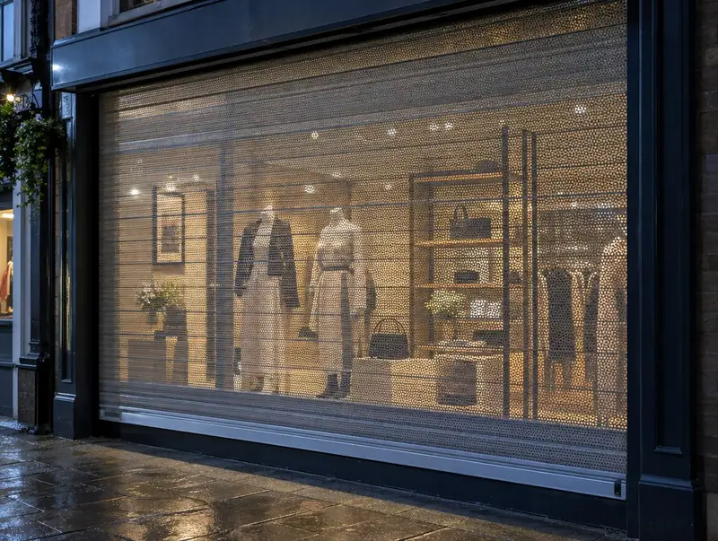 A micro-perforated shutter in front of a lit boutique window at night