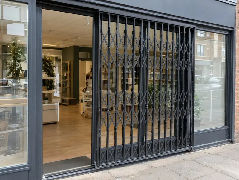A black retractable security grille drawn across a shop entrance