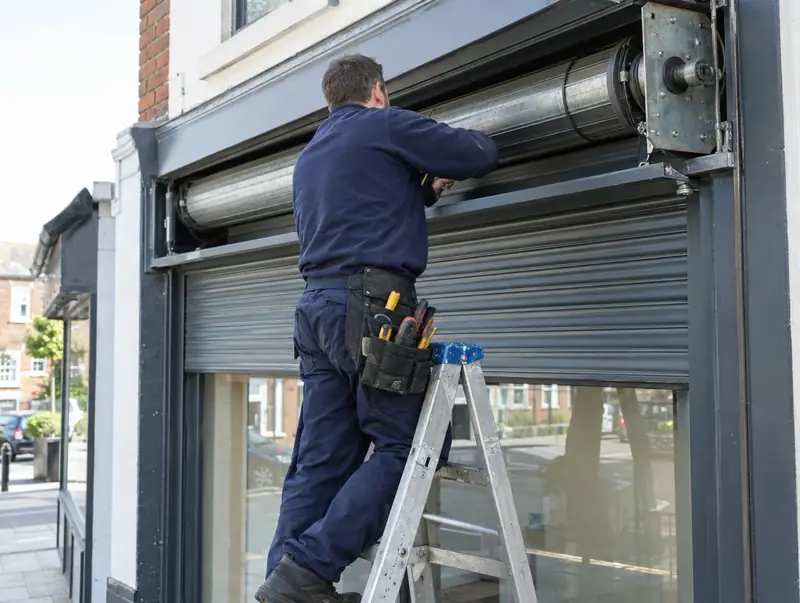 A shutter engineer on a stepladder working on the barrel of a commercial roller shutter
