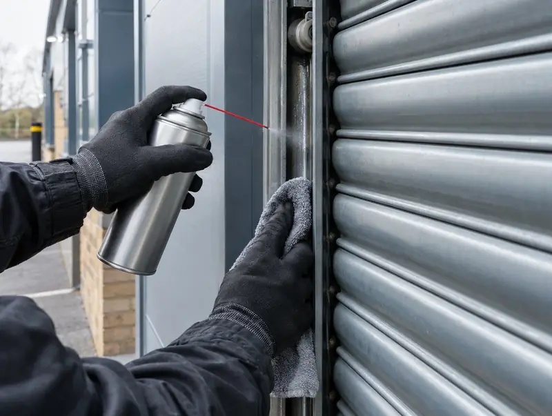 Gloved hands cleaning and lubricating a roller shutter guide rail